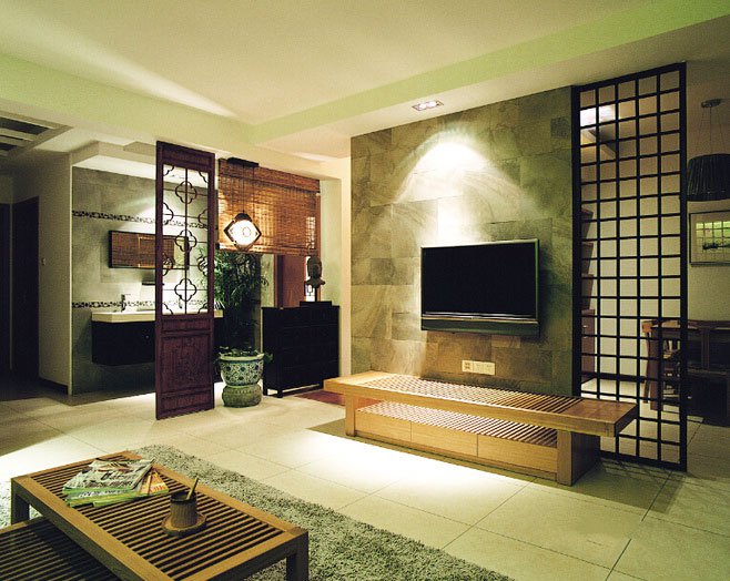 日式实木风格隔断式电视背景墙装修效果图